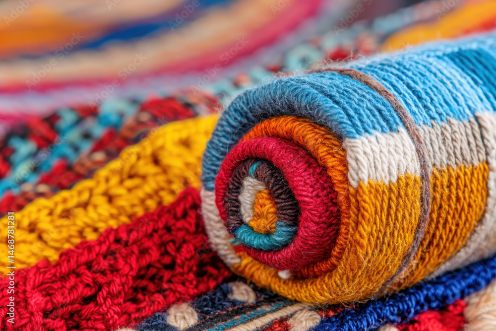 Colorful rolled textile showcasing intricate patterns and vibrant hues, perfect for home decor or artistic projects
