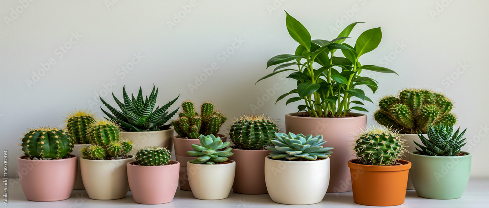 Fototapeta premium Collection of diverse succulents and cacti in colorful pots against a simple white background