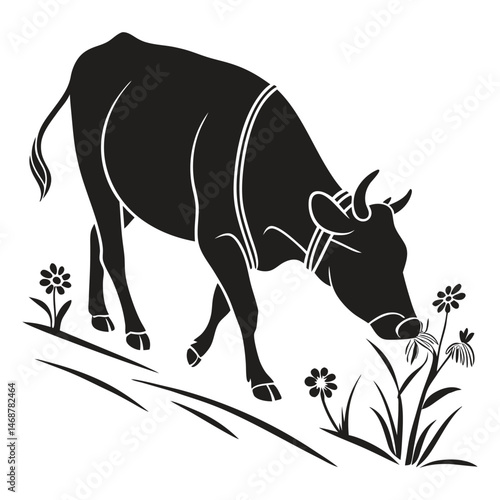 Black silhouette cow walking on grass with isolated on white background.