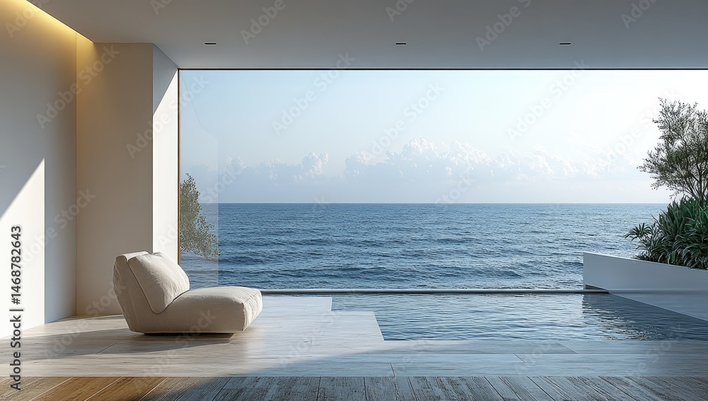 Fototapeta premium Spacious modern interior with ocean views and pool.