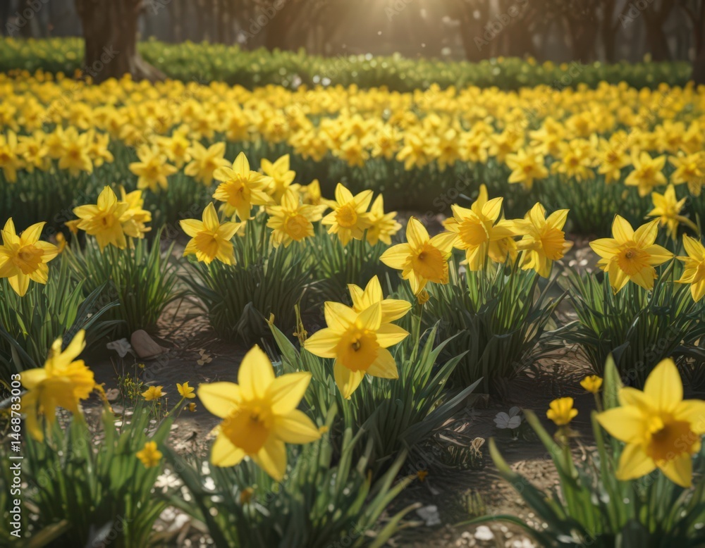 Fototapeta premium Sunlit field of vibrant yellow daffodils, petals glistening , petals, spring flowers
