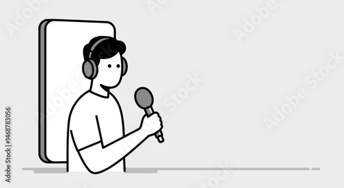 Minimalist illustration of a person podcasting with headphones and microphone