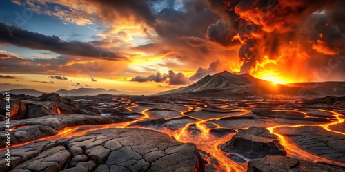 Fiery landscape of molten lava flowing over a barren rocky terrain at sunset