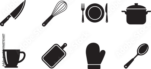 Collection of simple kitchen utensil and cooking equipment silhouettes in black and white