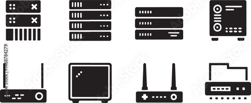 Collection of black and white server racks routers and computer hardware icons