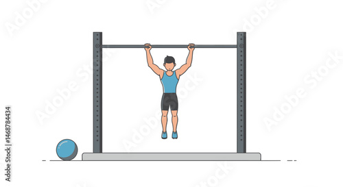 Cartoon illustration of a person hanging from a pullup bar with a blue ball