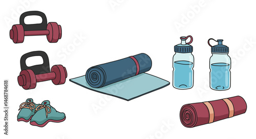 Cartoon workout equipment featuring dumbbells running shoes and a rolled yoga mat