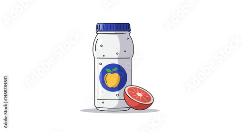 Cartoonstyled clear bottle with a blue cap and a circular label