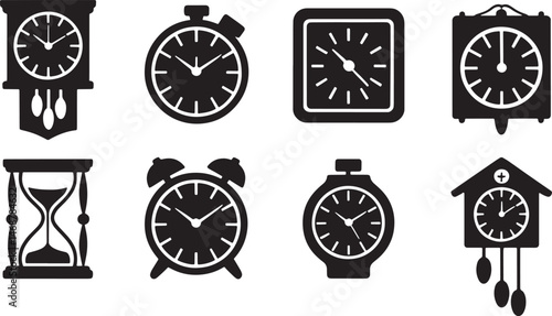 Collection of black and white timekeeping devices showcasing various clocks and time indicators