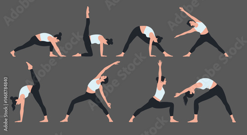 Four yoga poses Low lunge leg extension downward dog split and extended side angle