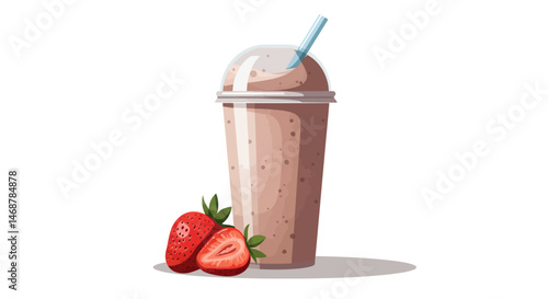 Fresh Strawberries with Smoothie Cup One Cut in Half Revealing Juicy Interior