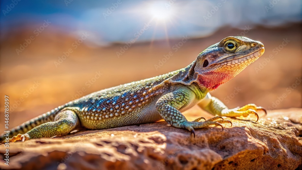 Obraz premium A lizard lies on a flat rock in the desert sun, its scales glistening with dew, rock, geology, rock, geology