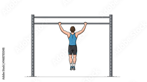 Man in blue tank top reaching for a gray metal pullup bar