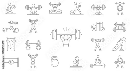 Linear fitness icons showcasing weightlifting climbing and exercise equipment