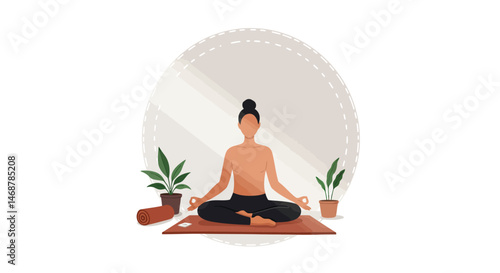 Meditative pose with rolled yoga mat and potted plant on terracotta mat