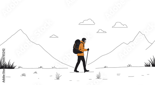 Minimalist Mountain Landscape with Grass and Single Cloud Outline