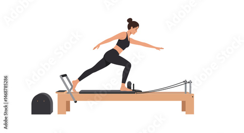 Pilates reformer exercise with extended leg and arm in black leggings