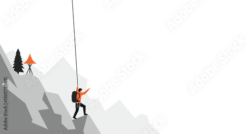 Stylized mountain climber ascending a jagged peak with rope and gear