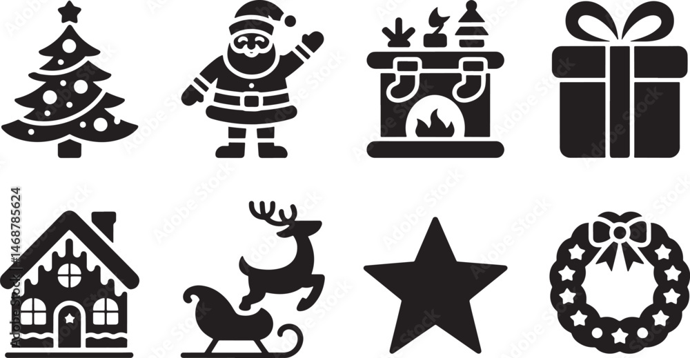Naklejka premium Collection of festive christmas icons depicting classic symbols with a flat black and white design