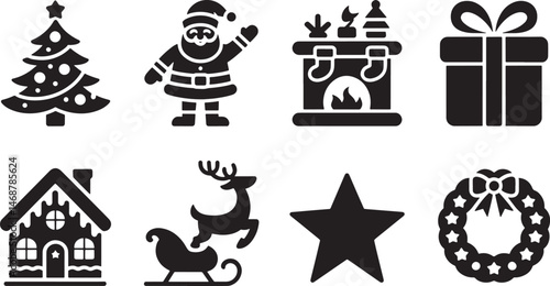 Collection of festive christmas icons depicting classic symbols with a flat black and white design