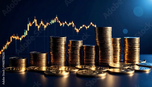 Image of a stock price line floating like a digital hologram with metal coins stacked underneath