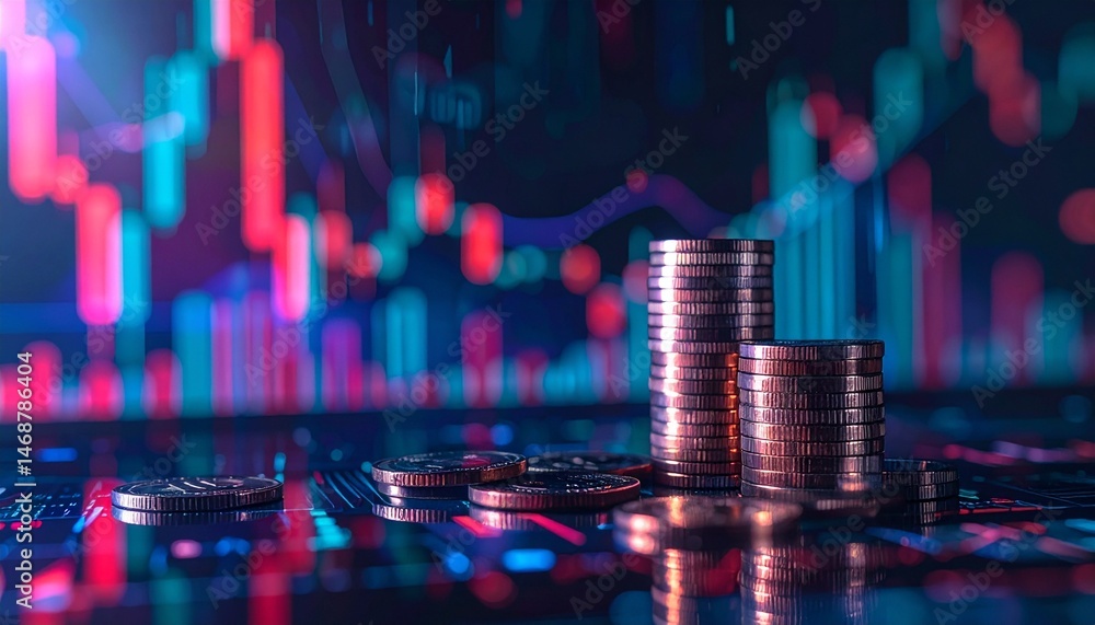 Image of a stock price line floating like a digital hologram with metal coins stacked underneath Image of a stock price line floating like a digital hologram with metal coins stacked underneath