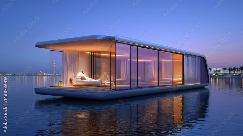 A modern floating house featuring glass walls and a serene sunset view A modern floating house featuring glass walls and a serene sunset view