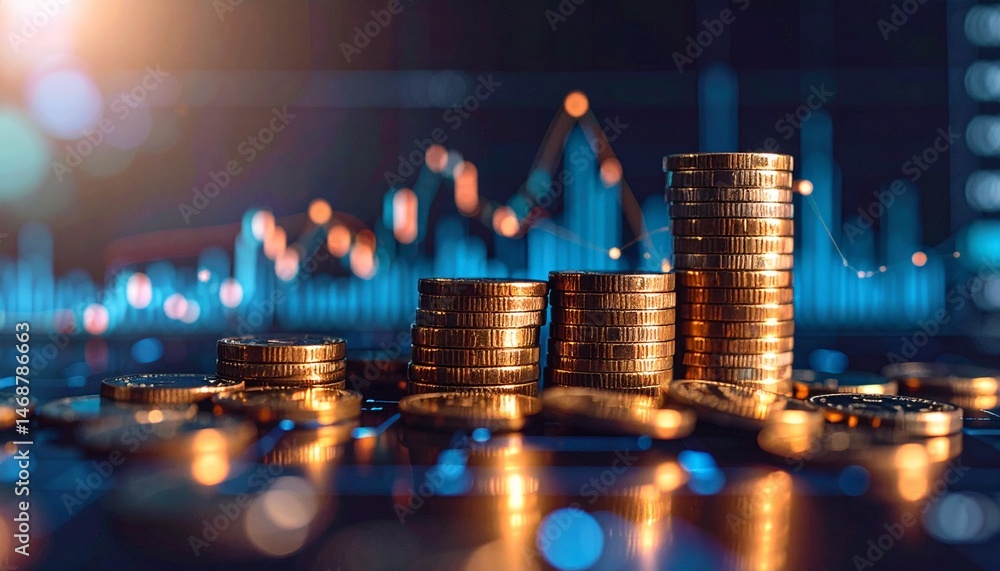Image of a stock price line floating like a digital hologram with metal coins stacked underneath Image of a stock price line floating like a digital hologram with metal coins stacked underneath