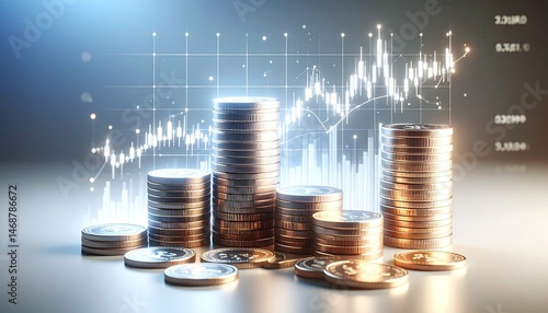 Image of a stock price line floating like a digital hologram with metal coins stacked underneath