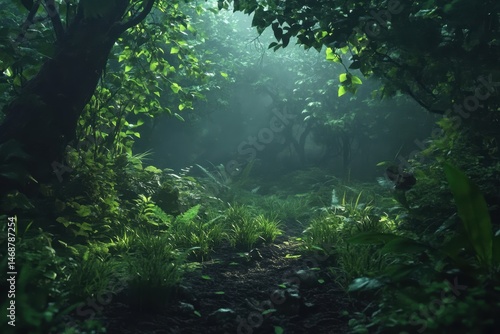 Invasive species dominate lush forest environment under soft morning light, environment where invasive species have taken over, Seamless ing Photo background