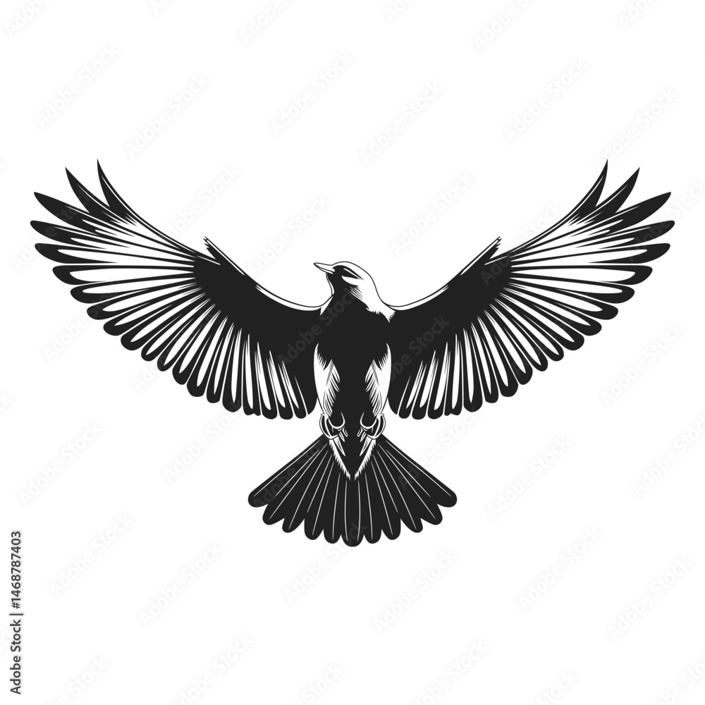 Fototapeta premium Monochrome silhouette of a bird in flight with outstretched wings