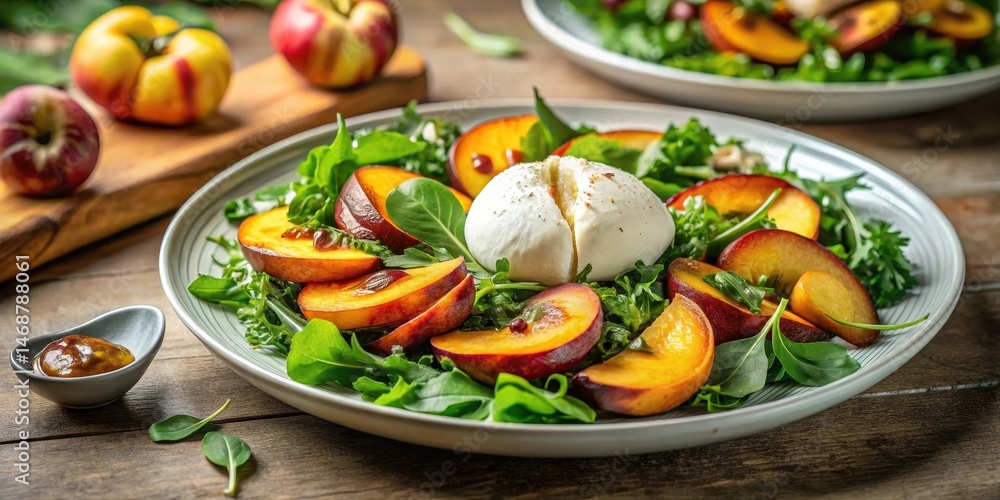 Fresh mixed greens salad with sliced roasted peaches and creamy burrata cheese Fresh mixed greens salad with sliced roasted peaches and creamy burrata cheese