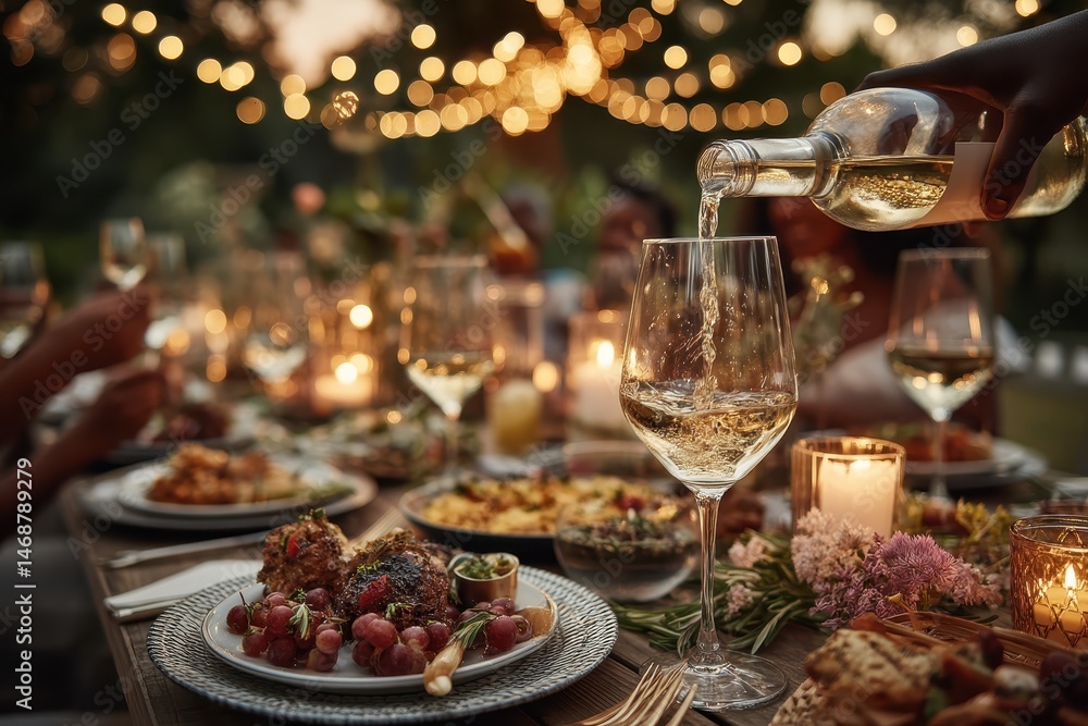 Evening Dinner with Mixed Age Group Enjoying Tapas Under Fairy Lights at Outdoor Table Evening Dinner with Mixed Age Group Enjoying Tapas Under Fairy Lights at Outdoor Table