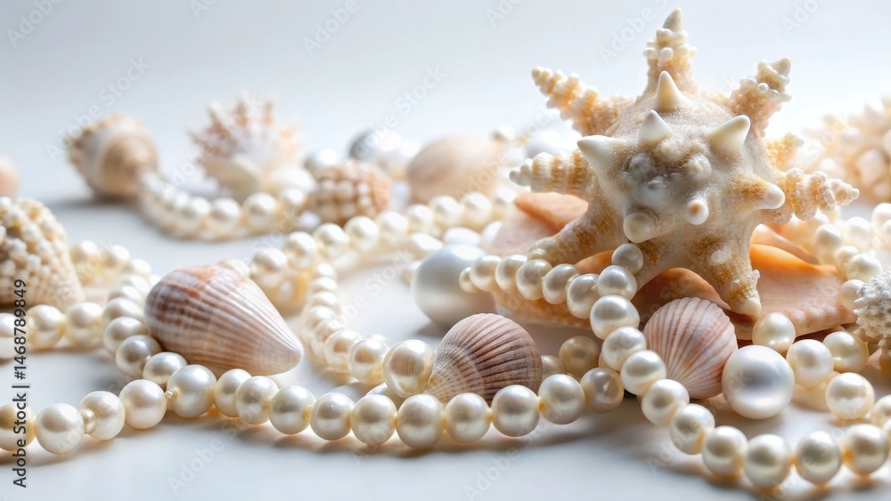 Obraz premium Delicate sea coral shells are scattered around a natural pearl necklace on a soft white background, showcasing the beauty of ocean treasures, ocean treasure, ocean floor