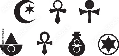 Collection of various spiritual symbols and religious emblems in simple black and white