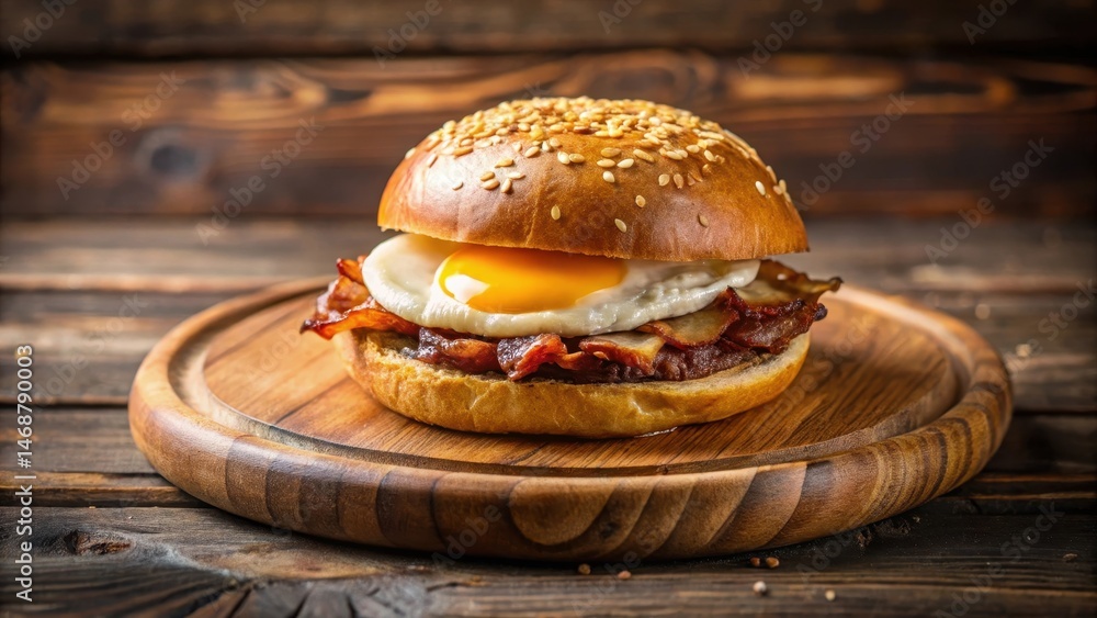 Crusty brown breakfast bun on a wooden plate with a few slices of crispy cooked bacon and a fried egg on top , morning, home