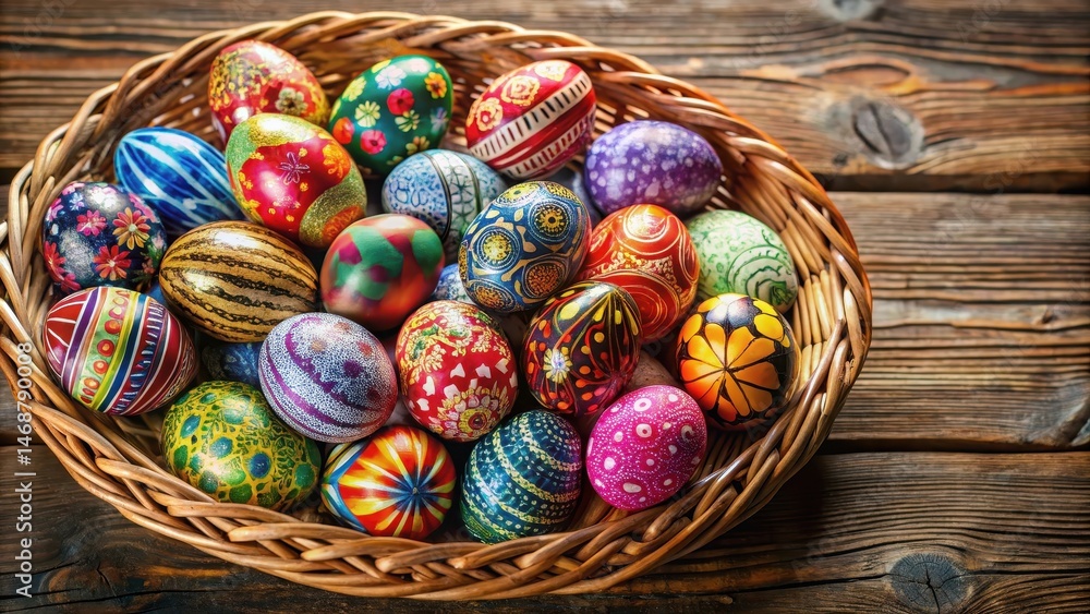 A basket overflowing with assorted Easter eggs in various sizes and colors