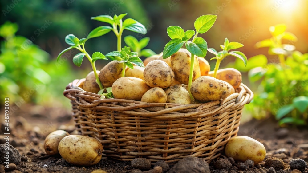 A cluster of potatoes in a woven basket with some green sprouts and stems emerging from the top