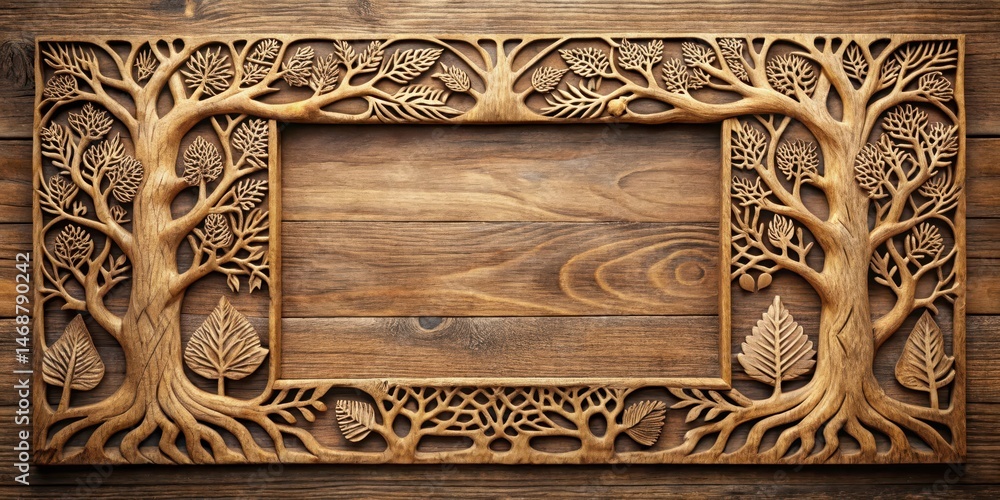 Wooden frame with intricate carvings of forest trees and vines on a rustic wooden background, trees, rustic