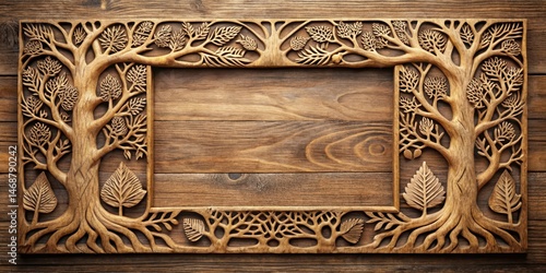 Obraz na płótnie Wooden frame with intricate carvings of forest trees and vines on a rustic wooden background, trees, rustic w salonie