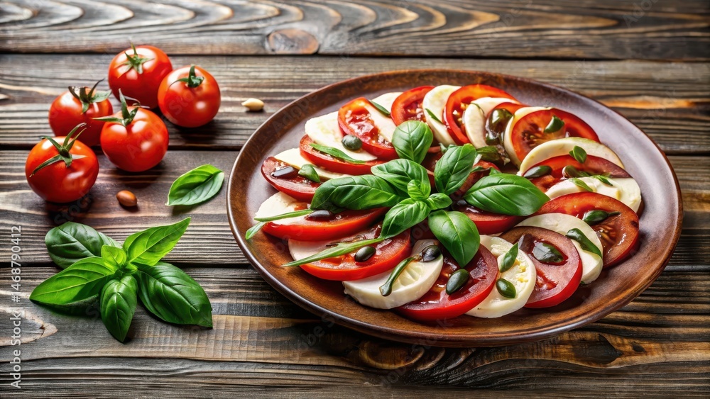 Caprese salad on a plate with sliced tomatoes, mozzarella cheese, and fresh basil leaves drizzled with balsamic glaze, set against a rustic wooden background, herb garden, summer salad