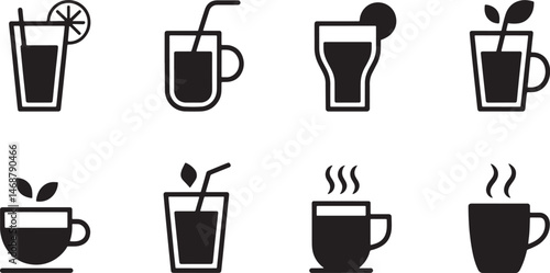 Elegant drink and beverage icons representing various refreshing beverages and hot drinks