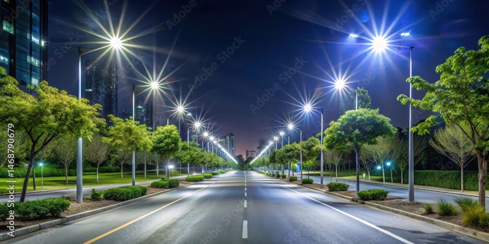 empty road at night with modern led street lights surrounding trees and buildings, isolated highway, urban environment