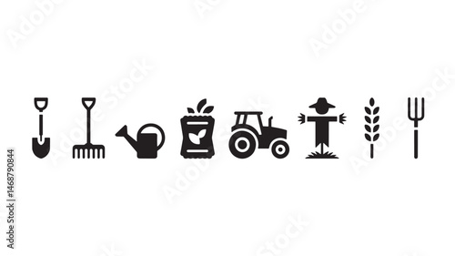 Farming icons set representing agriculture tools and equipment in black and white