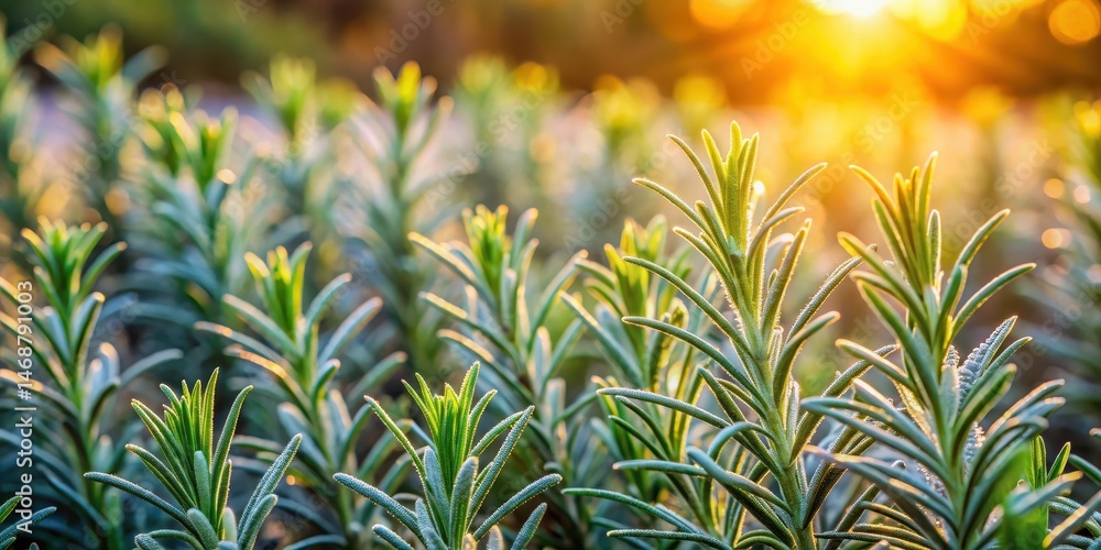 Dense rows of rosemary plants under morning sun light filtering through, with some plants slightly bent due to frost