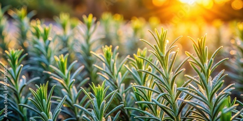 Obraz na płótnie Dense rows of rosemary plants under morning sun light filtering through, with some plants slightly bent due to frost w salonie