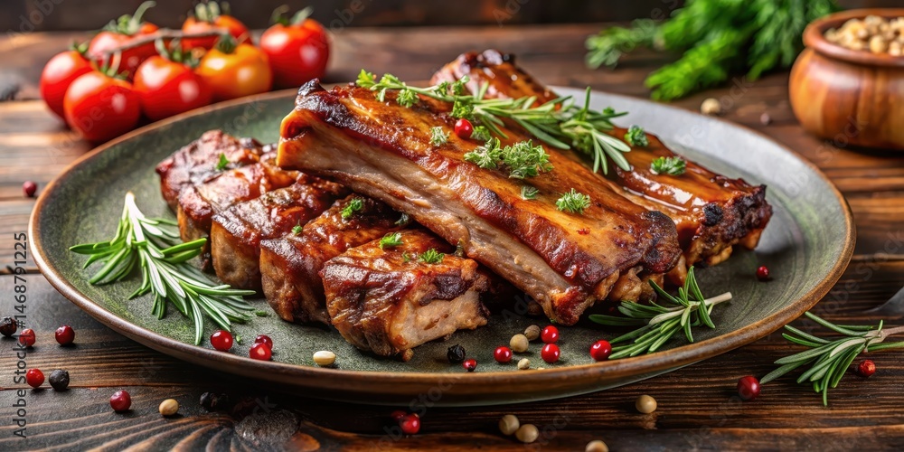 A plate of baked pork ribs with spices and herbs , rib, delicious, rib, delicious, flavorful, aroma, meat