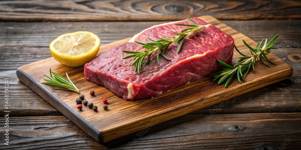 A raw beef steak sitting on a wooden cutting board with rosemary sprigs and lemon slices , meat, rosemary, meat, rosemary