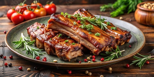 Obraz na płótnie A plate of baked pork ribs with spices and herbs , rib, delicious, rib, delicious, flavorful, aroma, meat w salonie