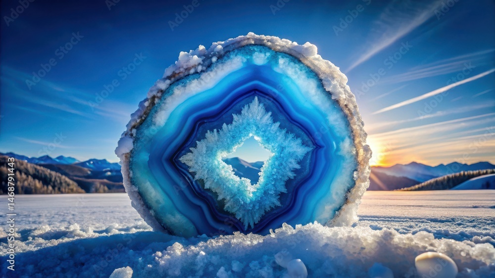 Stunning Blue Agate Geode Amidst Snowy Landscape, mineral deposit